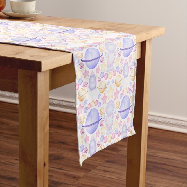 Cute Kids Pink Outer Space Astronaut Short Table Runner (In Situ)