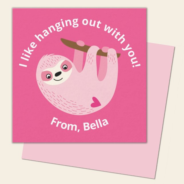 Cute Kids Pink Sloth Valentine Card (A cute pink sloth mini Valentine is so fun for a school classroom valentine exchange)
