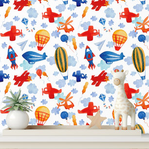 Cute Kids Planes Helicopters Balloons Pattern Wallpaper