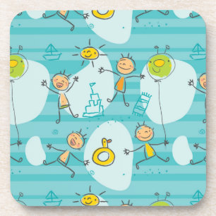 Cute kids playing on the beach pattern coaster