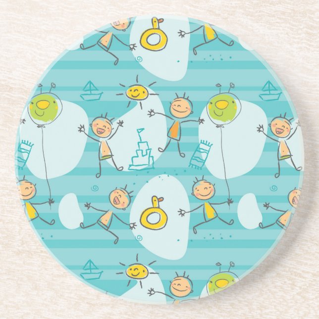 Cute kids playing on the beach pattern coaster (Front)