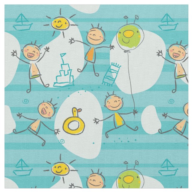 Cute kids playing on the beach pattern fabric (Close Up)