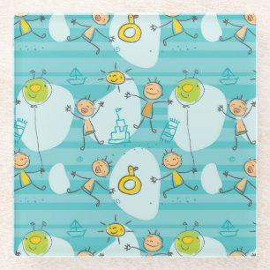 Cute kids playing on the beach pattern glass coaster