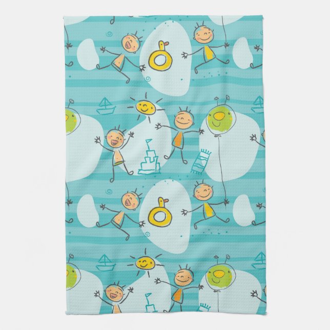 Cute kids playing on the beach pattern tea towel (Vertical)