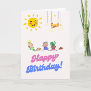 Cute Kids Poking Head Birthday Card - Smiling Sun