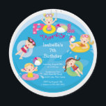 Cute Kid's Pool Birthday Party Invitation<br><div class="desc">Cute round circle die cut summer pool party invitation featuring a pool with girls floating on pool floats with beach balls.  Modern & fun Children's invitation for your girls birthday party.</div>