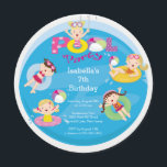 Cute Kid's Pool Birthday Party Invitation<br><div class="desc">Cute round circle die cut summer pool party invitation featuring a pool with girls floating on pool floats with beach balls.  Modern & fun Children's invitation for your girls birthday party.</div>