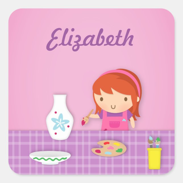 Cute Kids Pottery Painting Arts For Girls Square Sticker (Front)