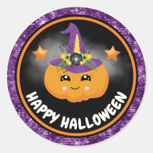 Cute Kids Pumpkin & Purple Glitter Happy Halloween Classic Round Sticker