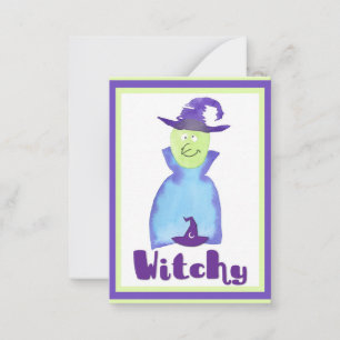 Cute Kids Purple Halloween Cartoon Witch Note Card