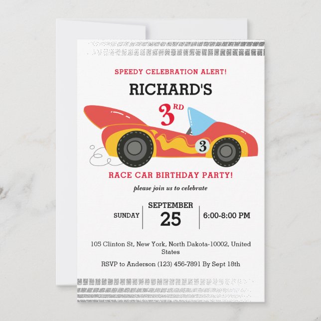 Cute Kids Race Car Theme Colourful Birthday Party Invitation (Front)