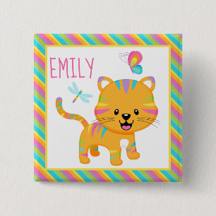 Cute Kids Rainbow Tiger & Colorful Stripes Pattern 15 Cm Square Badge