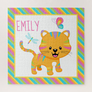 Cute Kids Rainbow Tiger & Colorful Stripes Pattern Jigsaw Puzzle