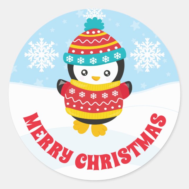 Cute Kids Red Christmas Jumper Penguin Classic Round Sticker (Front)