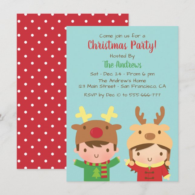 Cute Kids Reindeer Antlers Hats Christmas Party Invitation (Front/Back)