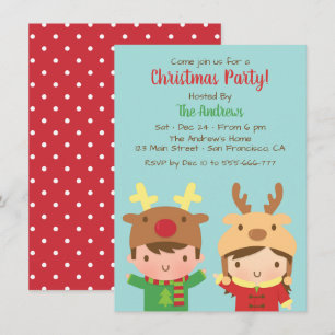 Cute Kids Reindeer Antlers Hats Christmas Party Invitation