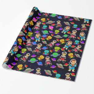 Cute Kids Retro Astronauts, Robots and Planets v2 Wrapping Paper
