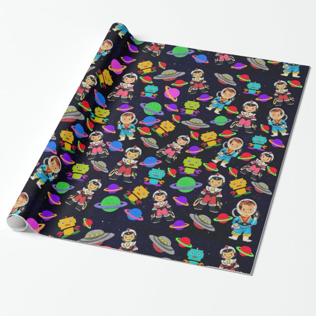 Cute Kids Retro Astronauts, Robots and Planets v2 Wrapping Paper (Unrolled)