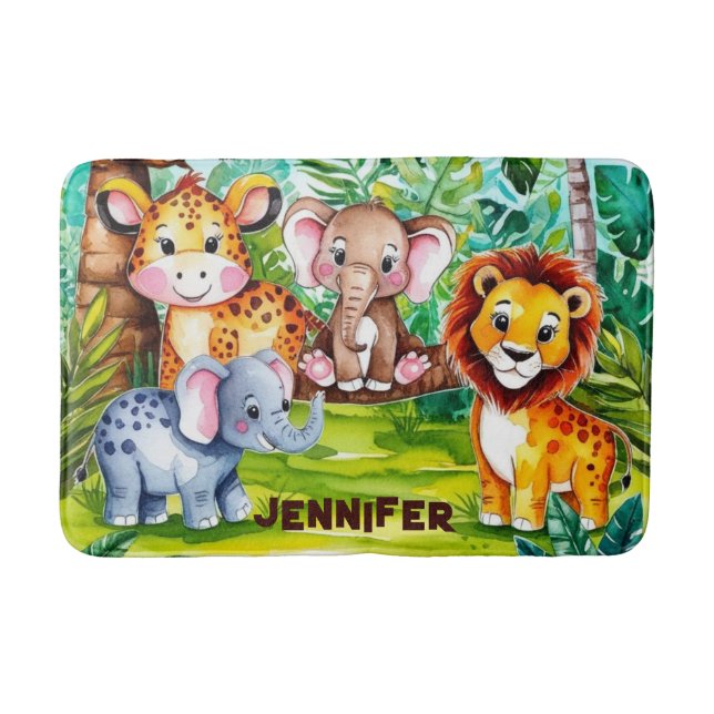 Cute Kids Safari Jungle Animals Personalised Name Bath Mat (Front)