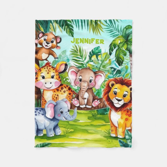 Cute Kids Safari Jungle Animals Personalised Name Fleece Blanket (Front)