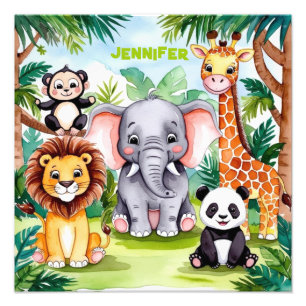 Cute Kids Safari Jungle Animals Personalised Name Photo Print