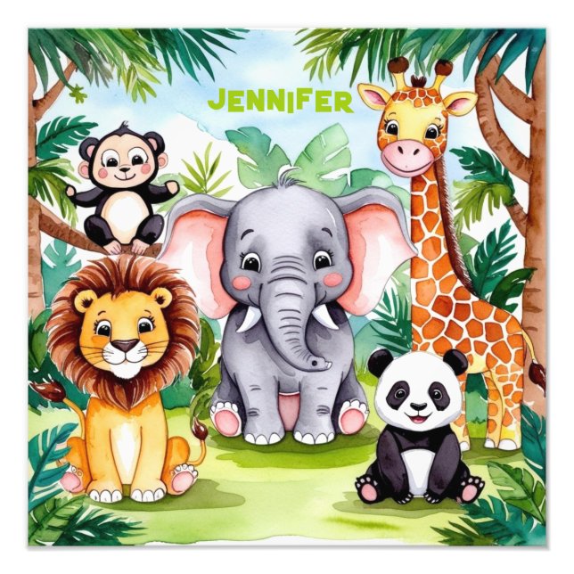 Cute Kids Safari Jungle Animals Personalised Name Photo Print (Front)
