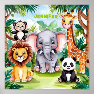 Cute Kids Safari Jungle Animals Personalised Name Poster