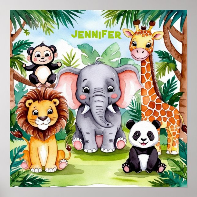 Cute Kids Safari Jungle Animals Personalised Name Poster (Front)