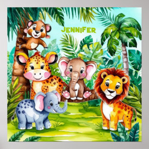 Cute Kids Safari Jungle Animals Personalised Name Poster
