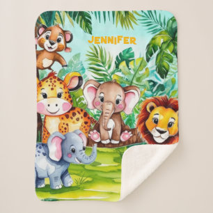 Cute Kids Safari Jungle Animals Personalised Name Sherpa Blanket