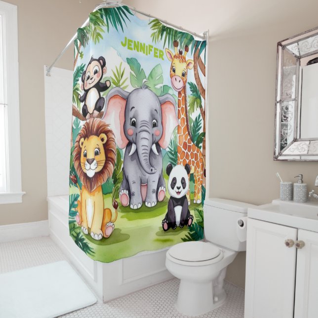 Cute Kids Safari Jungle Animals Personalised Name Shower Curtain (In Situ)
