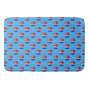Cute Kids Sailboat Pattern Ocean Blue Bath Mat