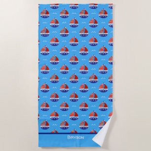 Cute Kids Sailboat Pattern Ocean Blue Beach Towel