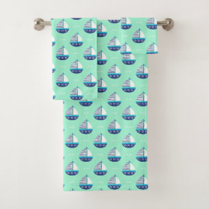Cute Kids Sailboat Pattern Sea Green Bath Towel Set