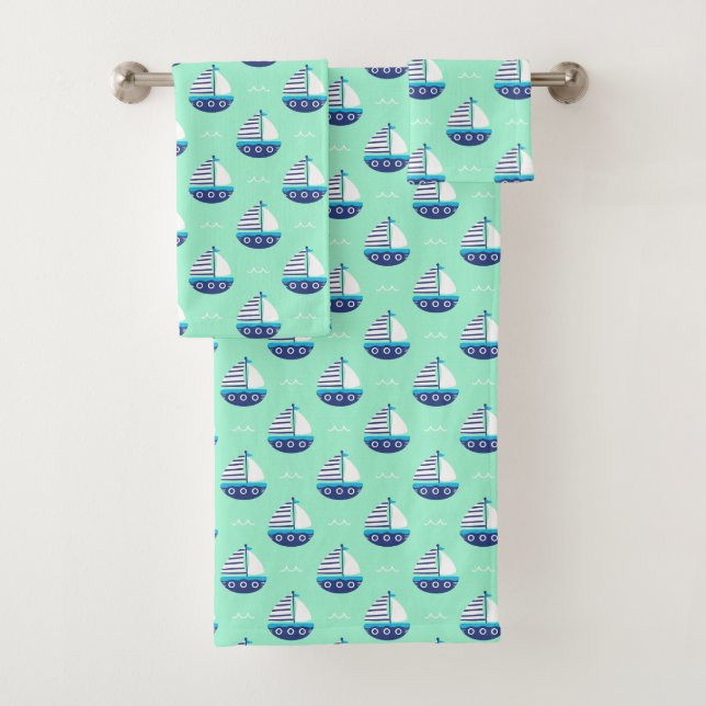 Cute Kids Sailboat Pattern Sea Green Bath Towel Set (Insitu)