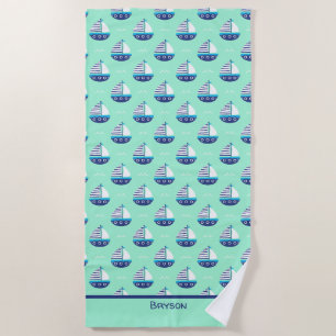 Cute Kids Sailboat Pattern Sea Green Beach Towel