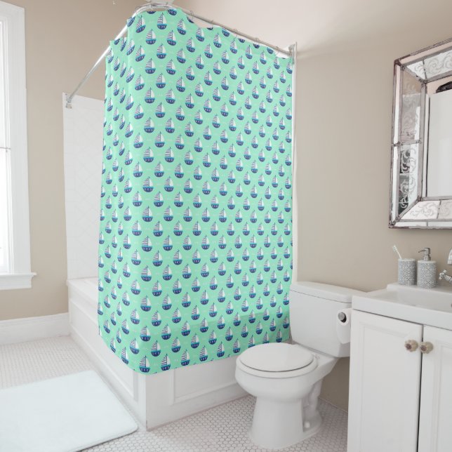 Cute Kids Sailboat Pattern Sea Green Shower Curtain (In Situ)