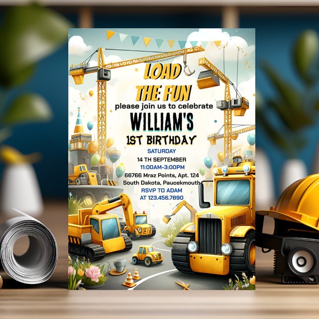 cute kids Simple construction trucks 1st birthday Invitation (Creator Uploaded)