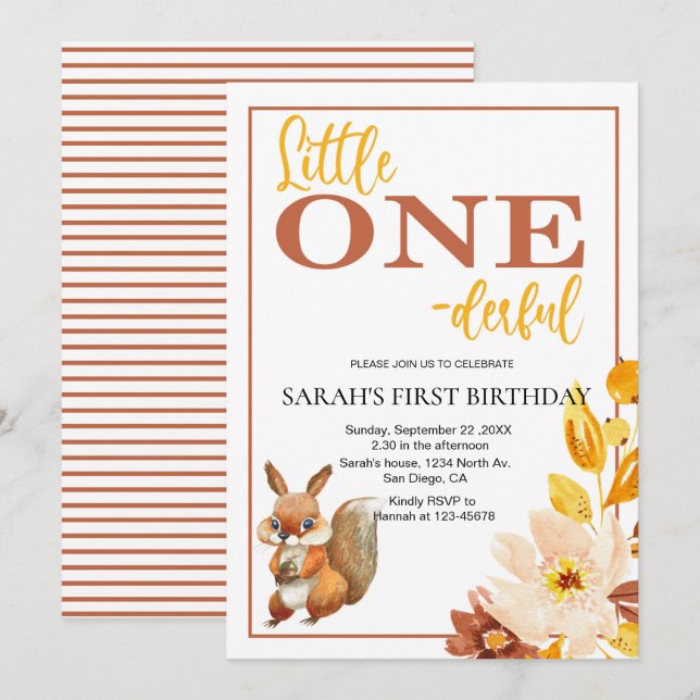 Cute Kids Squirrel One-derful First Birthday  Invitation (Front/Back)