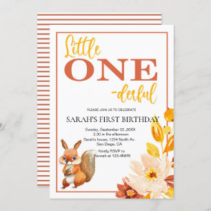 Cute Kids Squirrel One-derful First Birthday Invitation