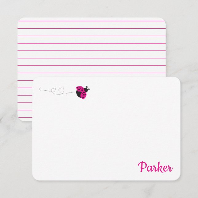 Cute Kids Stationery Pink Ladybug Note Cards (Front/Back)