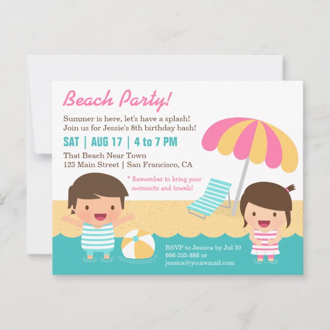 Cute Kids Swimsuits Beach Birthday Party Invitation (Front)