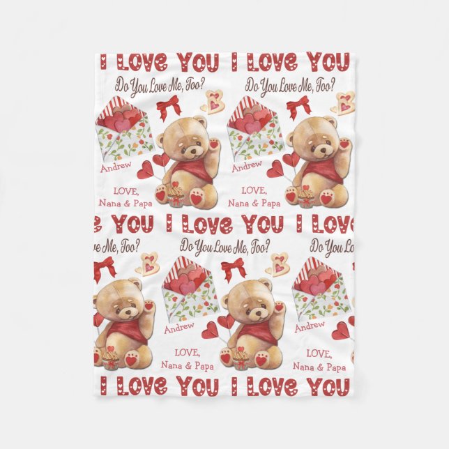 Cute Kid's Teddy Bear I Love You Valentine Fleece Blanket (Front)