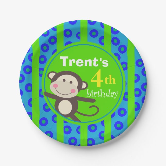Cute Kids Toy Monkey Birthday Party | blue green Paper Plate (Front)