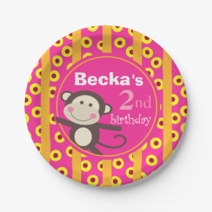 Cute Kids Toy Monkey Birthday   pumpkin fuchsia Paper Plate