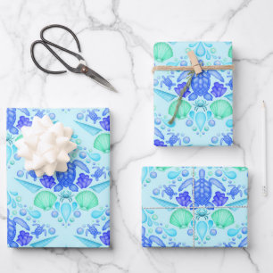 Cute Kids Tropical Blue Ocean Sea Turtle Wrapping Paper Sheet