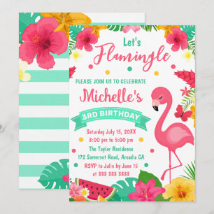 Cute Kids Tropical Flamingo Summer Birthday Invitation