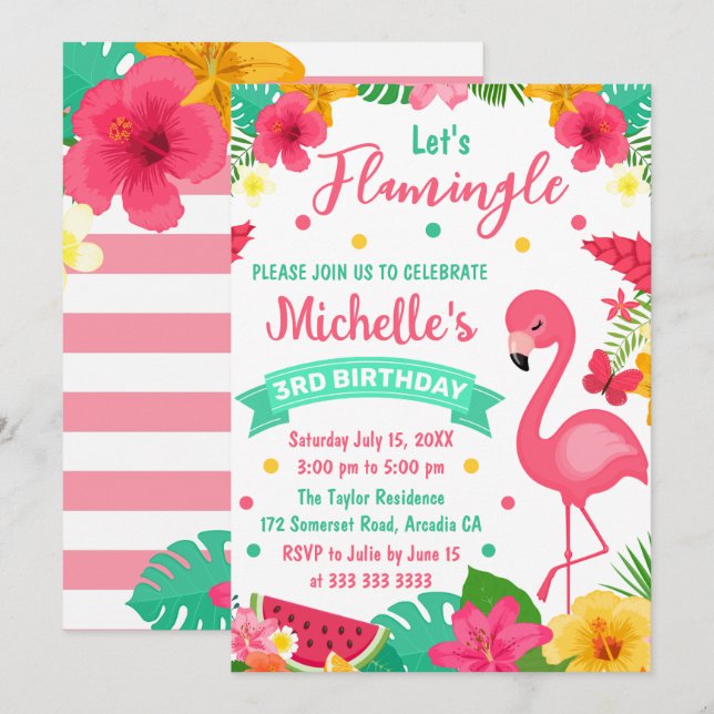 Cute Kids Tropical Flamingo Summer Birthday Invitation (Front/Back)