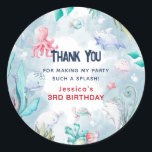 Cute Kids Under the Sea Birthday Thank You Classic Round Sticker<br><div class="desc">Cute 'Under the Sea' themed kids Birthday Thank You Sticker. Perfect to stick on party bags, candy cones or simply just to hand out to children. Design features watercolor illustrations of a cute turtle, star fish, whale, octopus, shark, jelly fish, snails and ocean foliage. These stickers are perfect for beach,...</div>