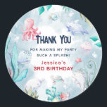 Cute Kids Under the Sea Birthday Thank You Classic Round Sticker<br><div class="desc">Cute 'Under the Sea' themed kids Birthday Thank You Sticker. Perfect to stick on party bags, candy cones or simply just to hand out to children. Design features watercolor illustrations of a cute turtle, star fish, whale, octopus, shark, jelly fish, snails and ocean foliage. These stickers are perfect for beach,...</div>